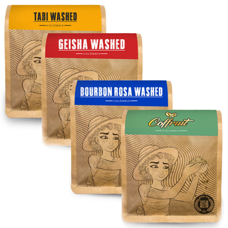 Kit Café Especial Colômbia Geisha Washed + Bourbon Rosa Washed + Tabi Washed + Coffruit